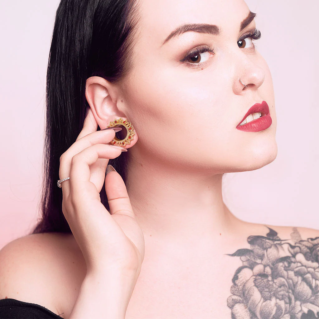 1 Pc Tribal Lotus Flower With Zircon Set Petal Screw Fit Flesh Tunnels Plugs - Image 2