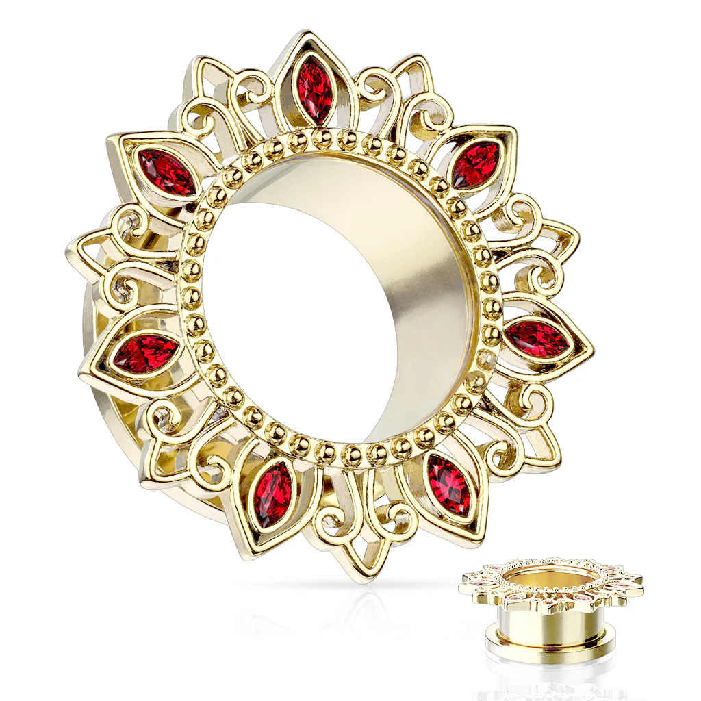 1 Pc Tribal Lotus Flower With Zircon Set Petal Screw Fit Flesh Tunnels Plugs - Image 3