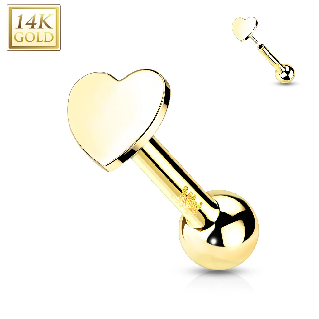 14K Solid Gold Cartilage Flat Heart Top Threadless Push-In Barbell - Image 3