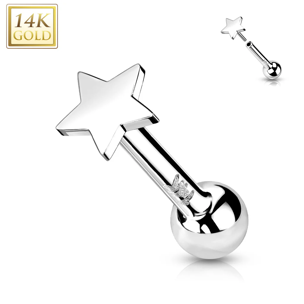 14K Solid Gold Flat Star Top Threadless Push-In Barbell Cartilage - Image 2
