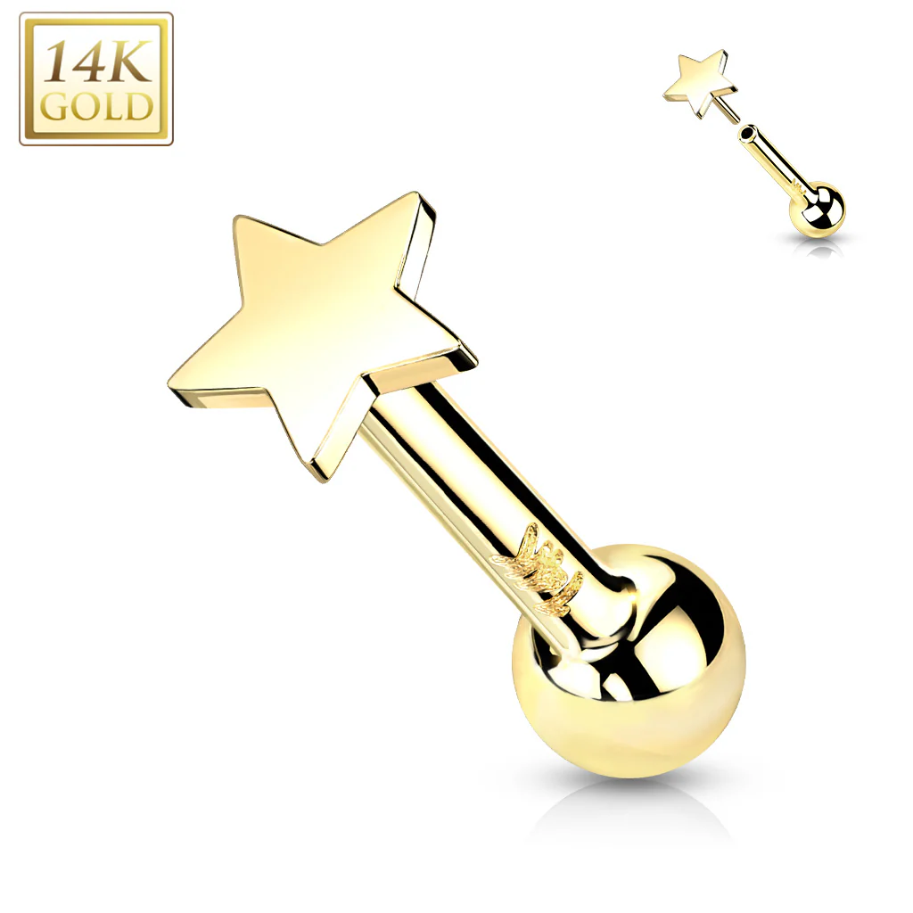 14K Solid Gold Flat Star Top Threadless Push-In Barbell Cartilage - Image 3