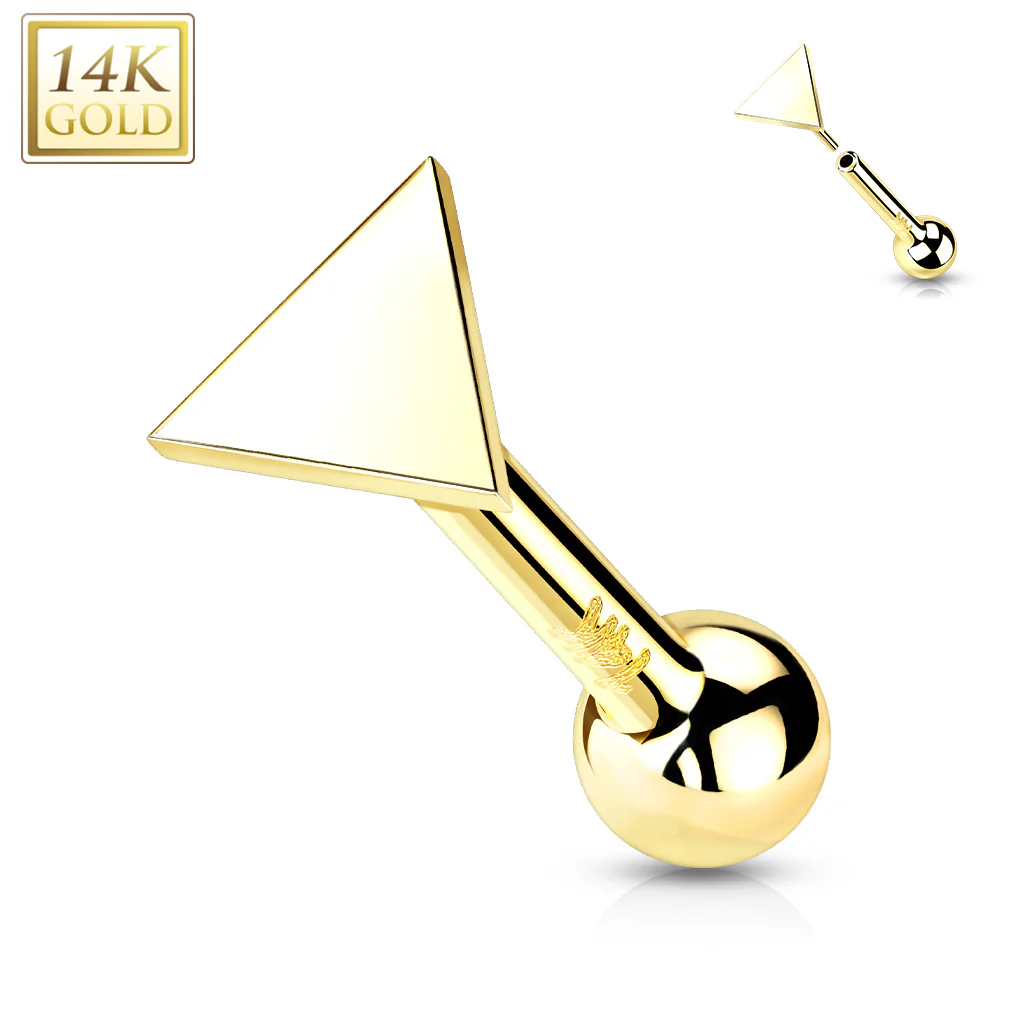 14K Solid Gold Cartilage Flat Triangle Top Threadless Push-In Barbell - Image 3