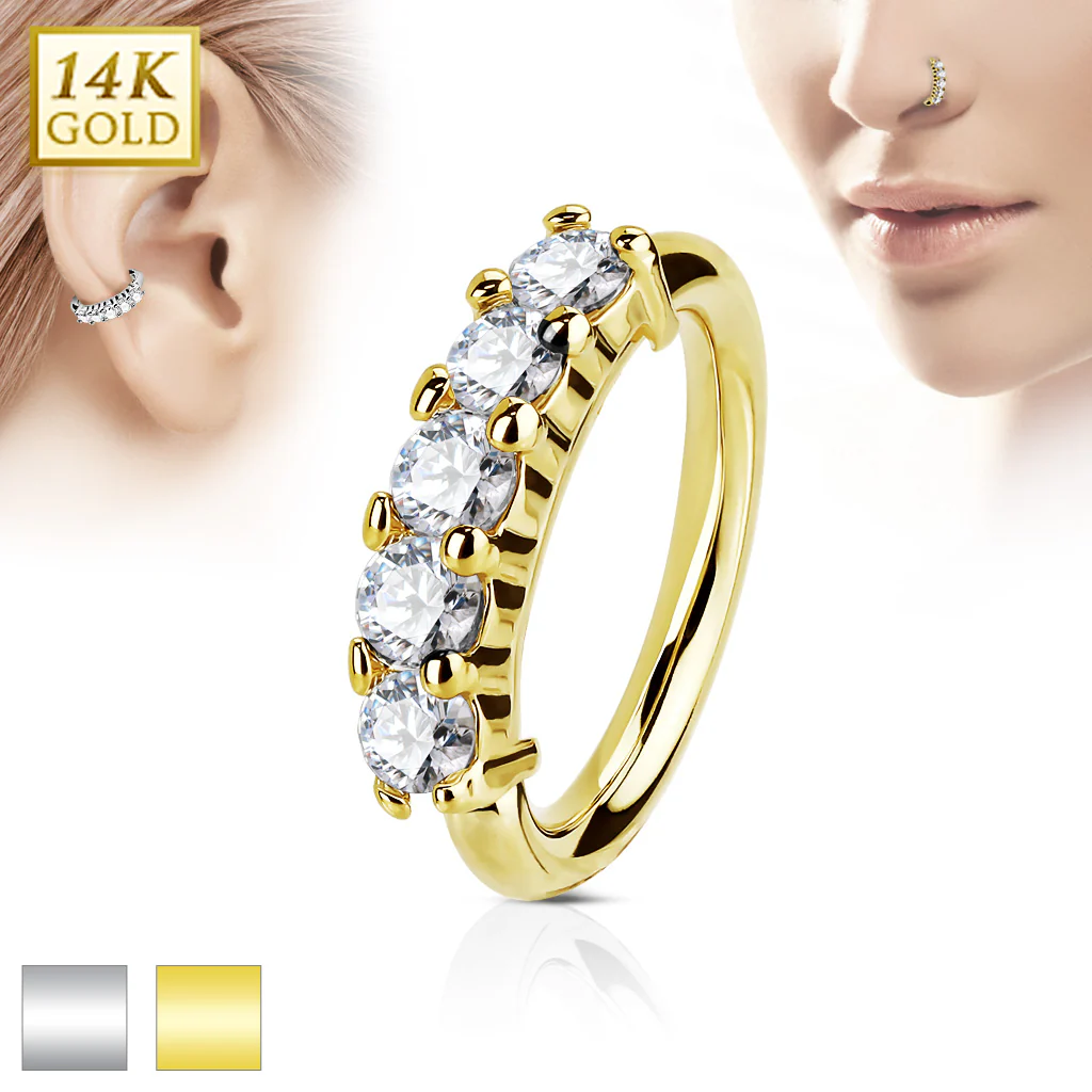 14K Solid Gold Five CZ Hoop Nose Rings for Nose Ear Cartilage - Image 2