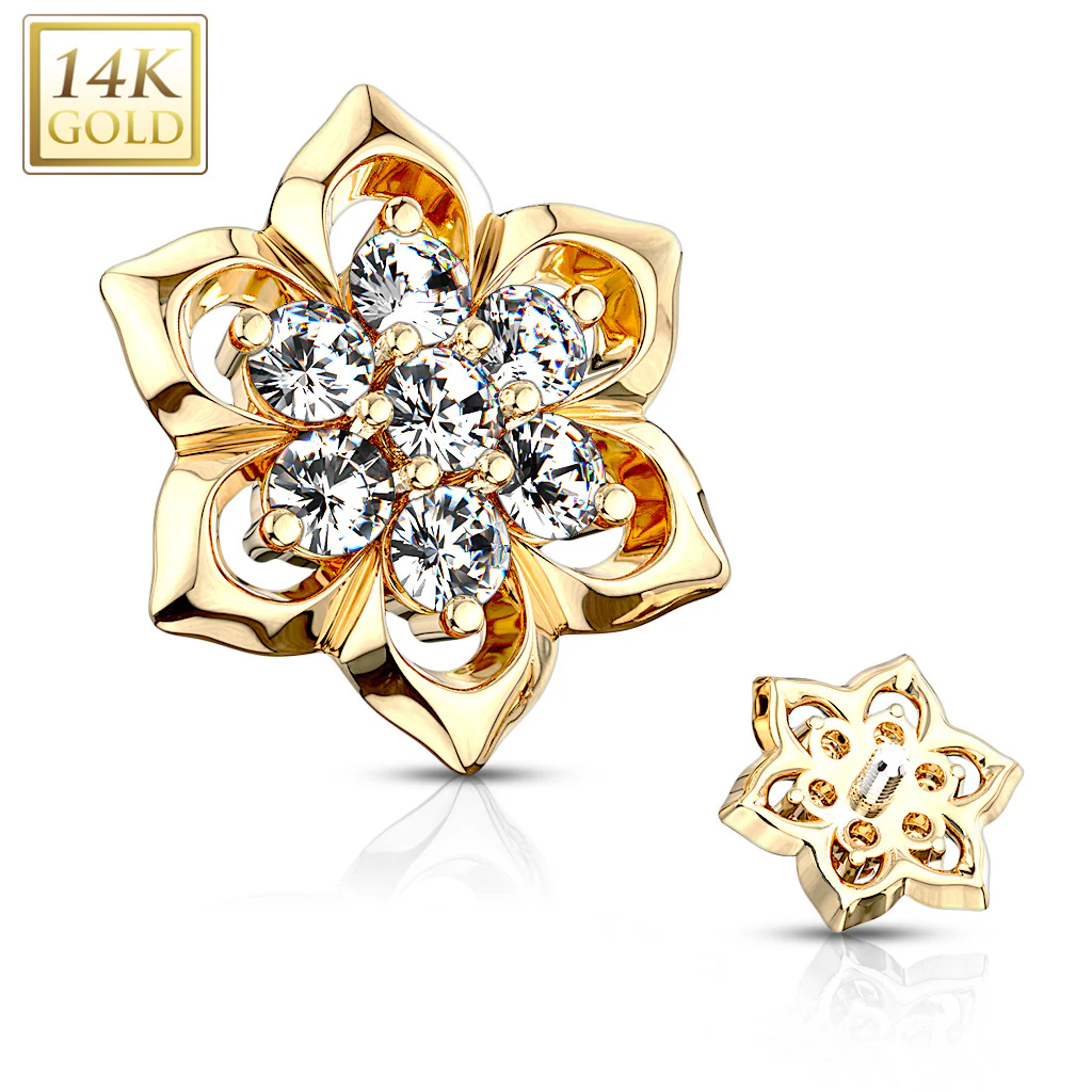 14K Solid Gold 6 mm CZ Flower Dermal Anchor Top - Image 5