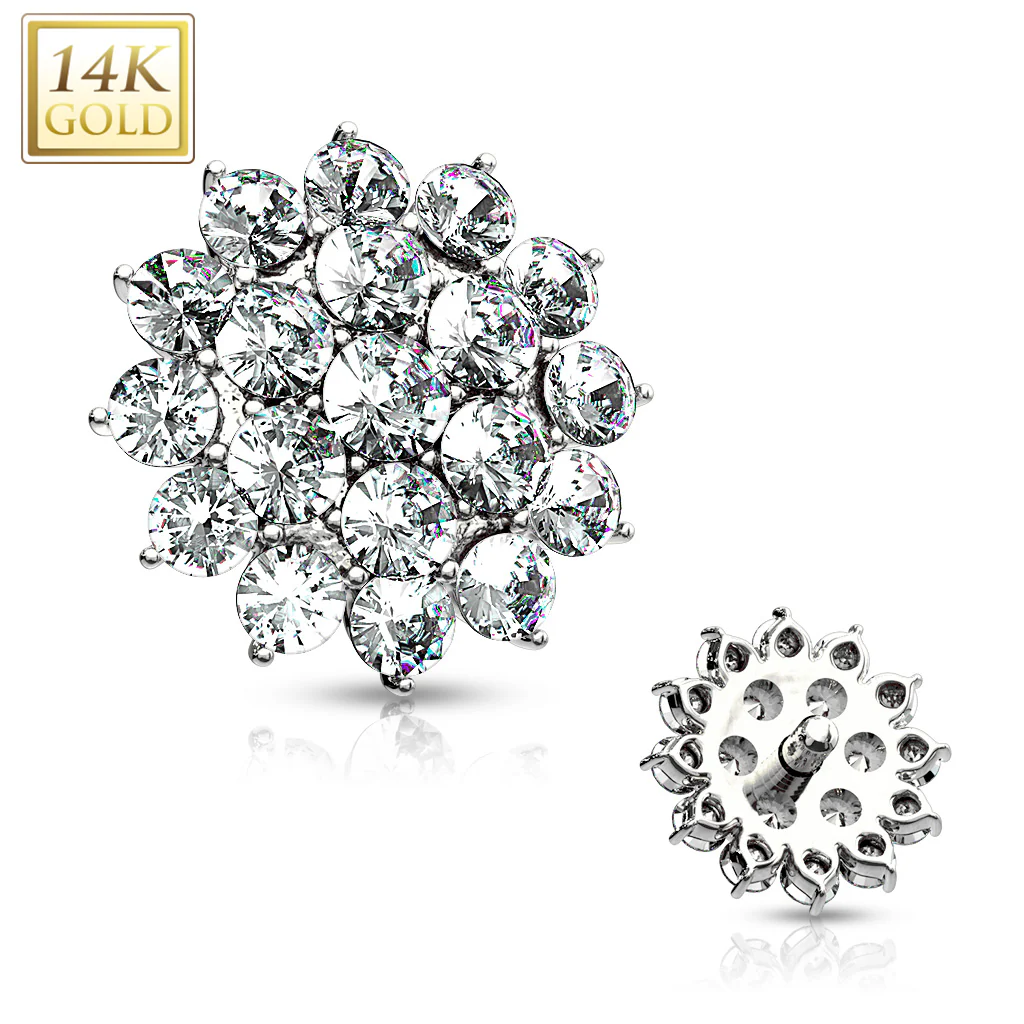 14K Solid Gold 8mm CZ Paved Flower Dermal Anchor Top - Image 3