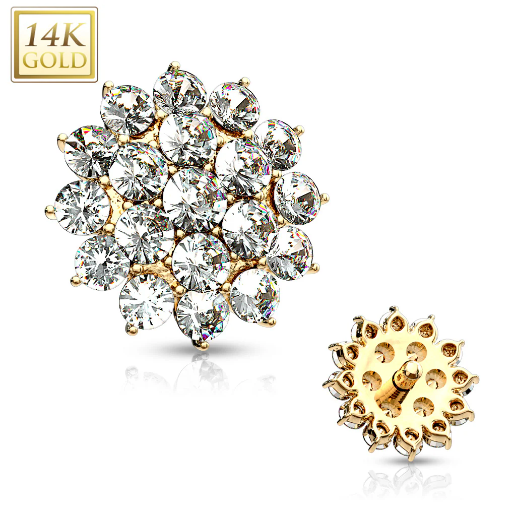 14K Solid Gold 8mm CZ Paved Flower Dermal Anchor Top - Image 4