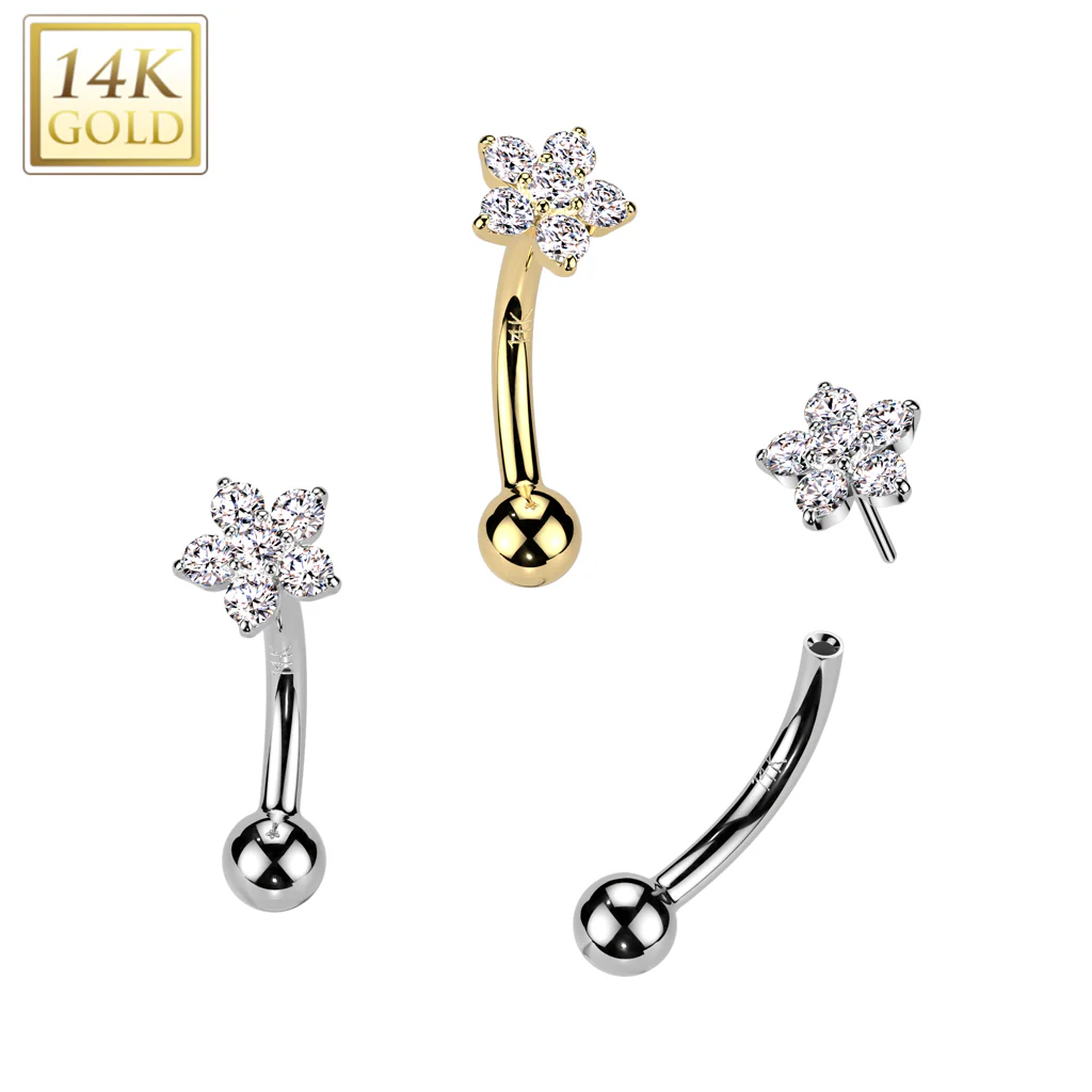 14K Solid Gold CZ Flower Threadless Push In Curved Eyebrow Barbell - Image 3