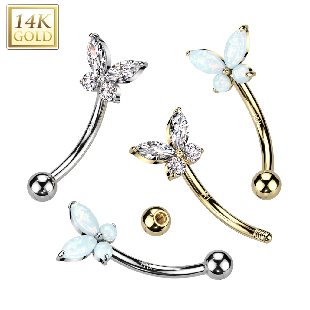 14K Solid Gold CZ or Opal Butterfly Curved Eyebrow Ring
