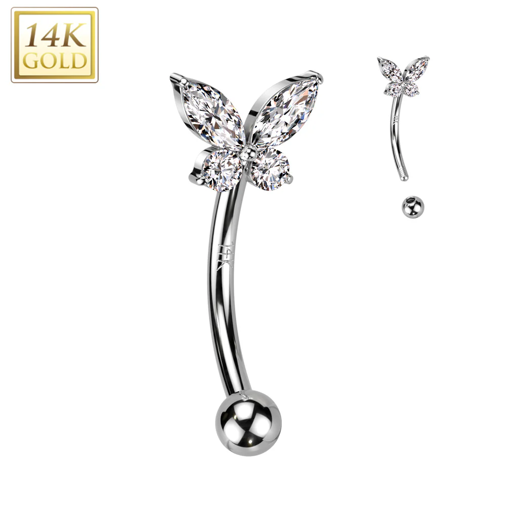 14K Solid Gold CZ or Opal Butterfly Curved Eyebrow Ring - Image 3