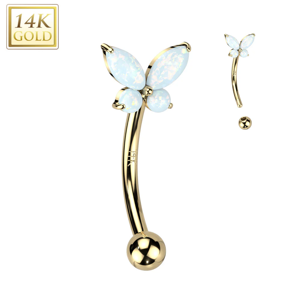 14K Solid Gold CZ or Opal Butterfly Curved Eyebrow Ring - Image 4