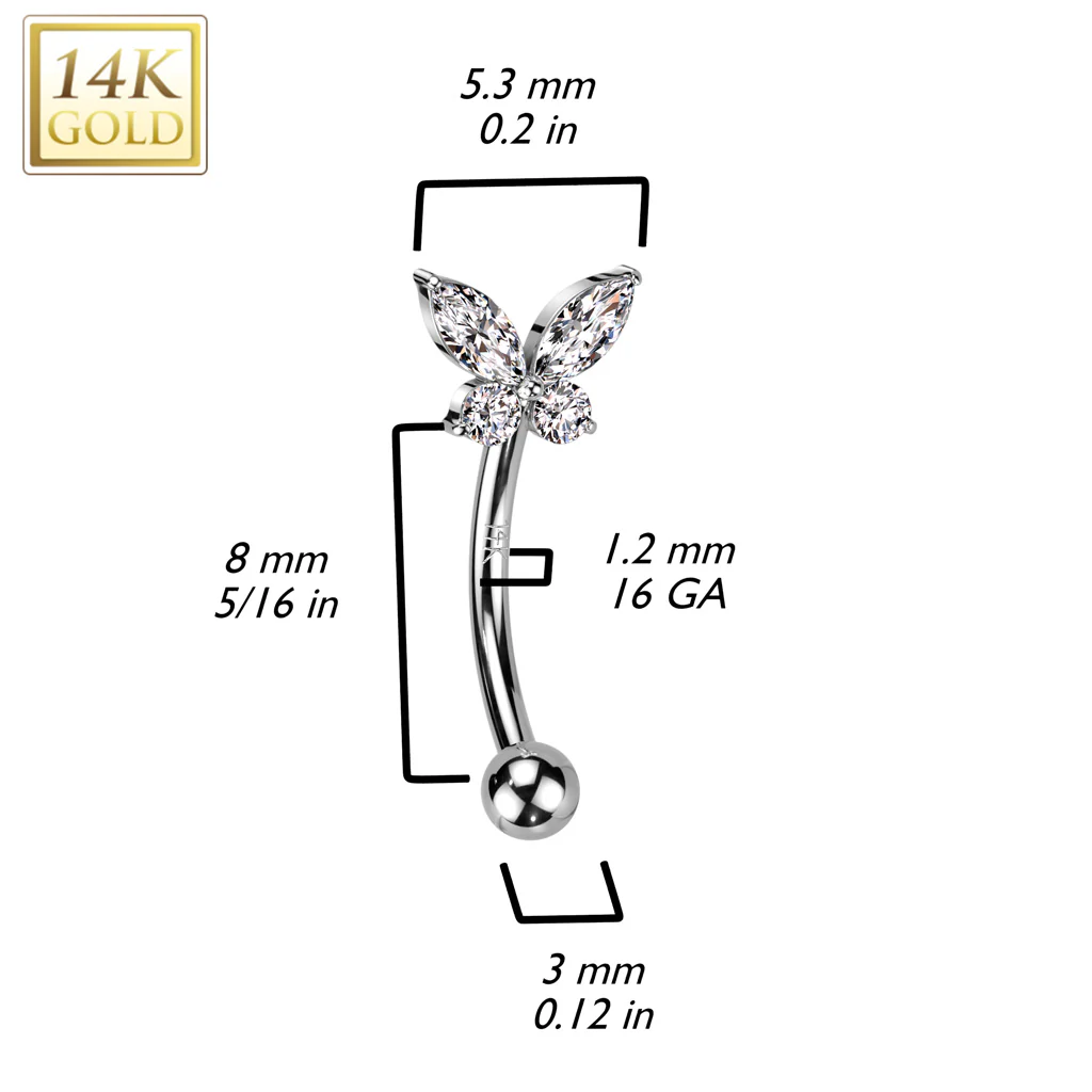 14K Solid Gold CZ or Opal Butterfly Curved Eyebrow Ring - Image 6