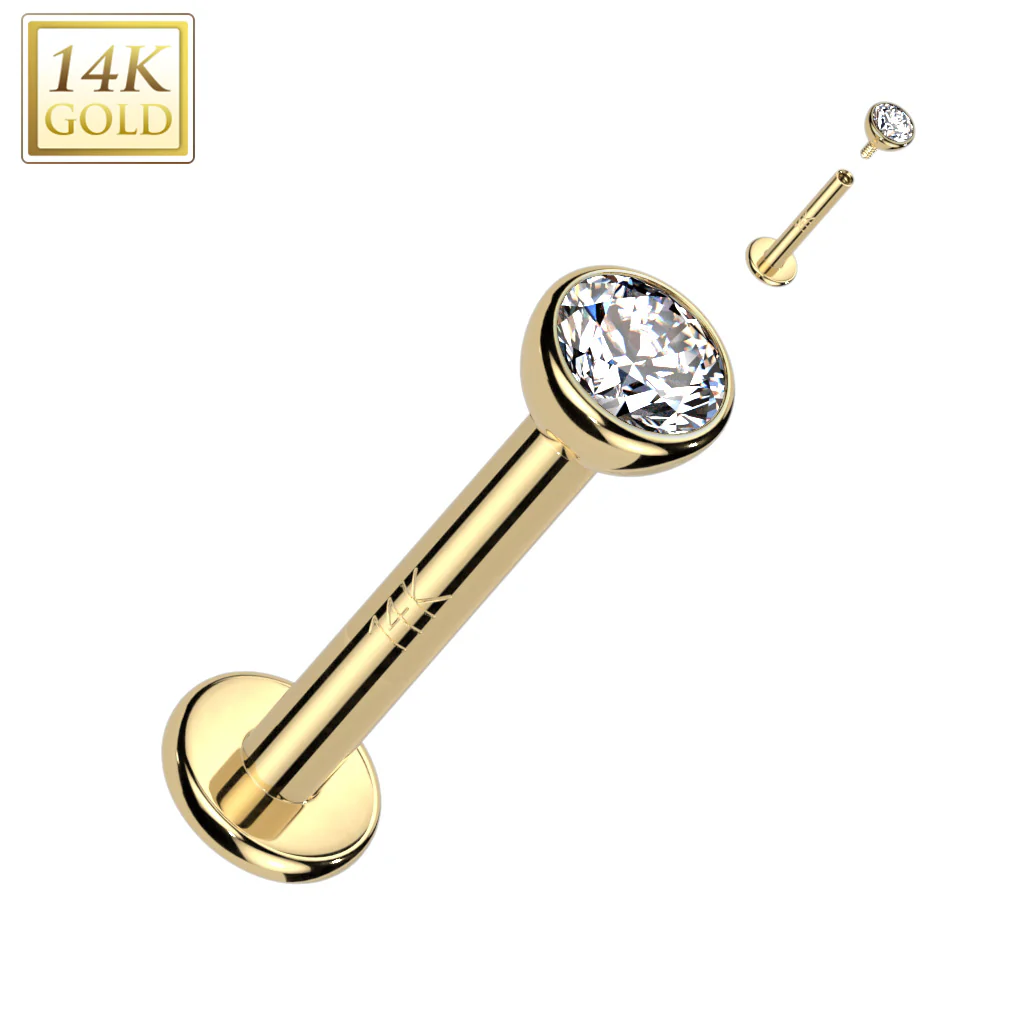 14K Solid Gold Internally Threaded Tragus Labret Stud CZ Bezel Ball - Image 2