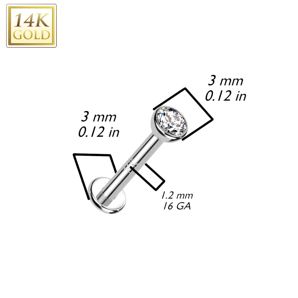 14K Solid Gold Internally Threaded Tragus Labret Stud CZ Bezel Ball - Image 3