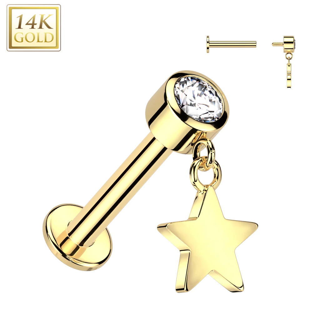 14K Solid Gold Labret Tragus Stud CZ Star Dangle Top Ear Cartilage
