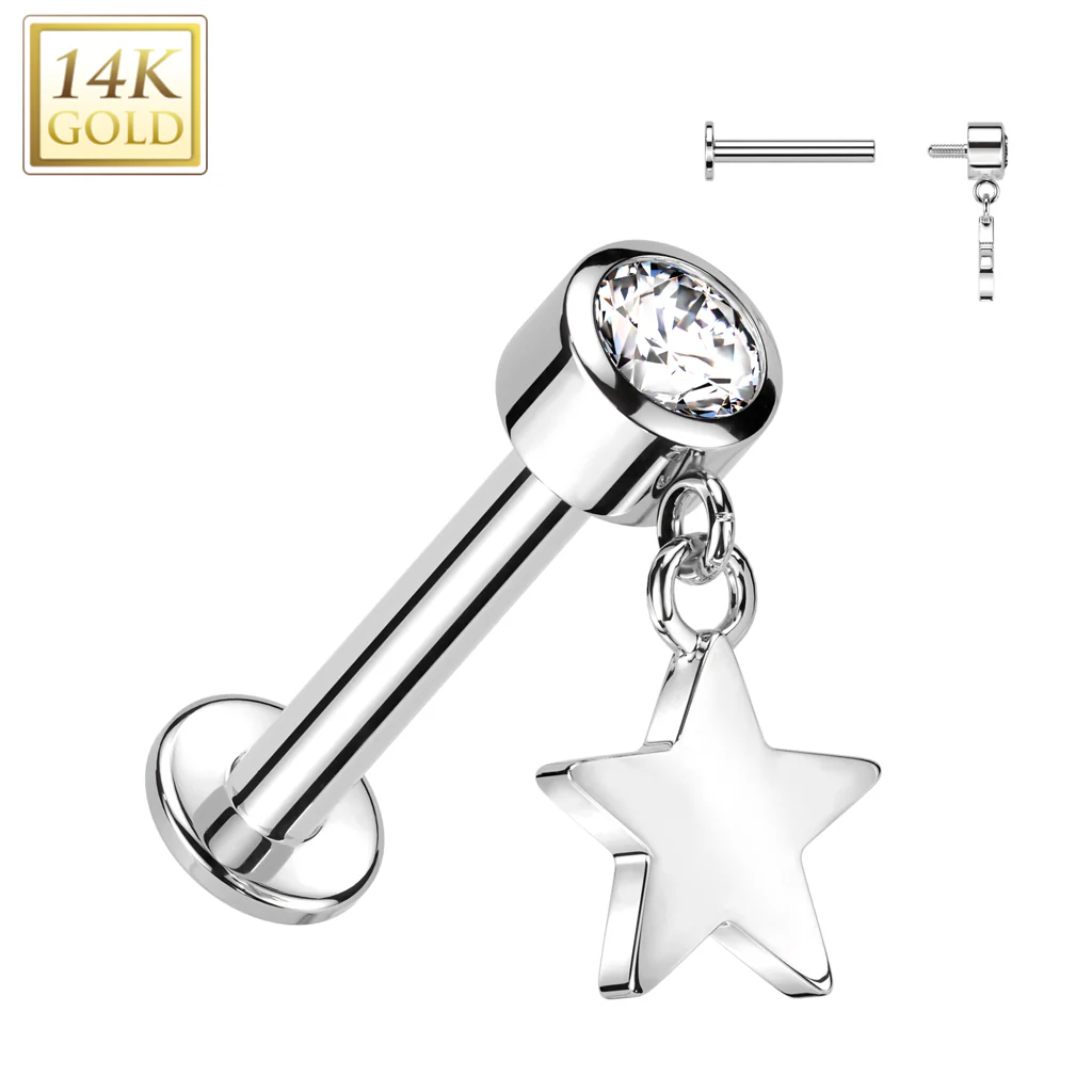 14K Solid Gold Labret Tragus Stud CZ Star Dangle Top Ear Cartilage - Image 3