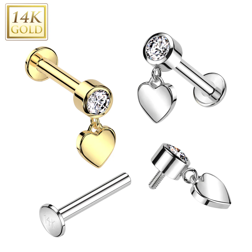 14K Solid Gold Labret Tragus Stud CZ Heart Dangle Top Ear Cartilage - Image 2