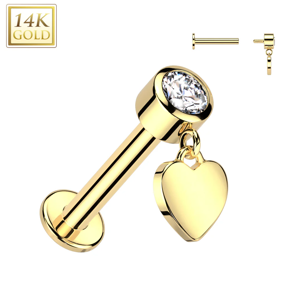 14K Solid Gold Labret Tragus Stud CZ Heart Dangle Top Ear Cartilage - Image 3
