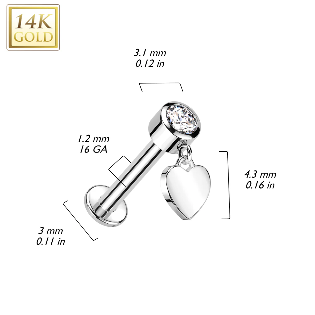 14K Solid Gold Labret Tragus Stud CZ Heart Dangle Top Ear Cartilage - Image 4