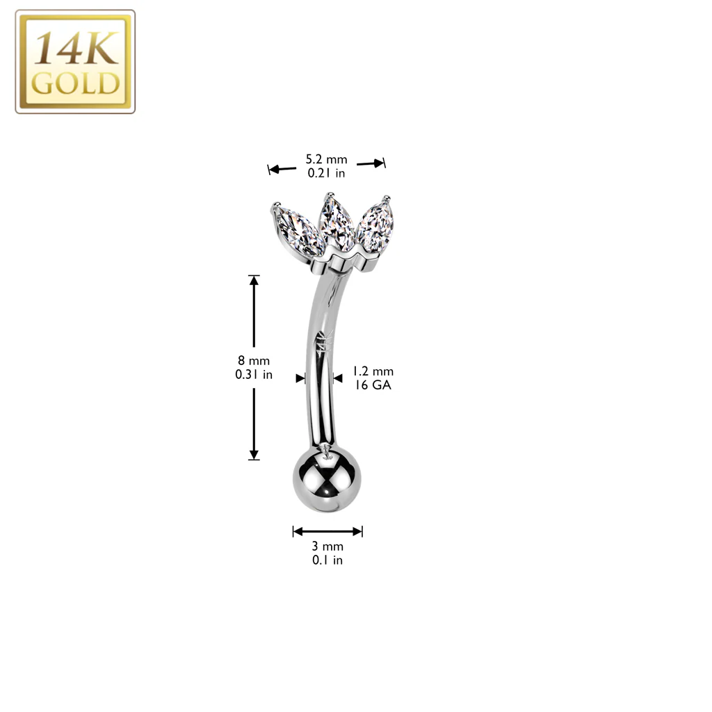 14K Solid Gold Marquise CZ Threadless Push In Curved Eyebrow Barbell - Image 4