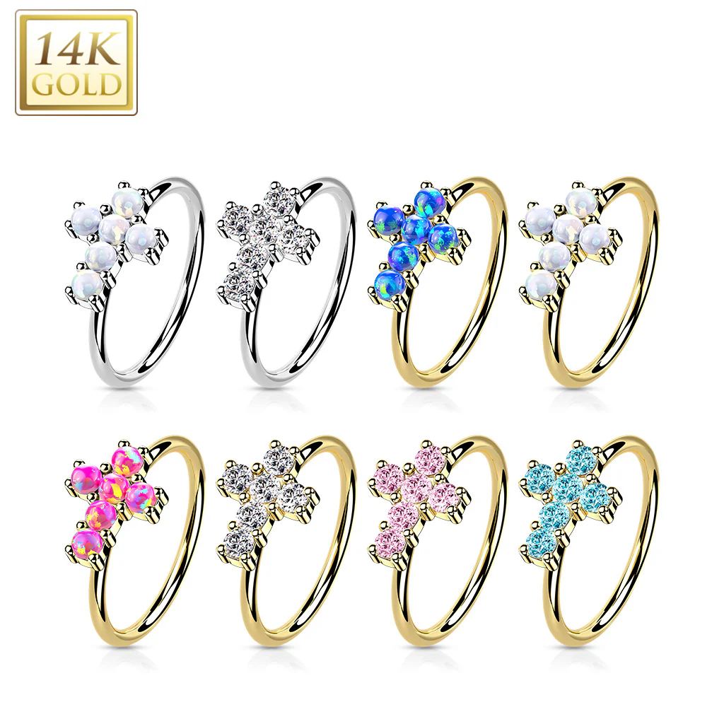 14K Solid Gold Opal or CZ Cross Nose Hoop Ring Ear Cartilage Tragus - Image 2