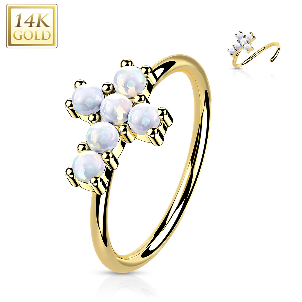 14K Solid Gold Opal or CZ Cross Nose Hoop Ring Ear Cartilage Tragus - Image 3