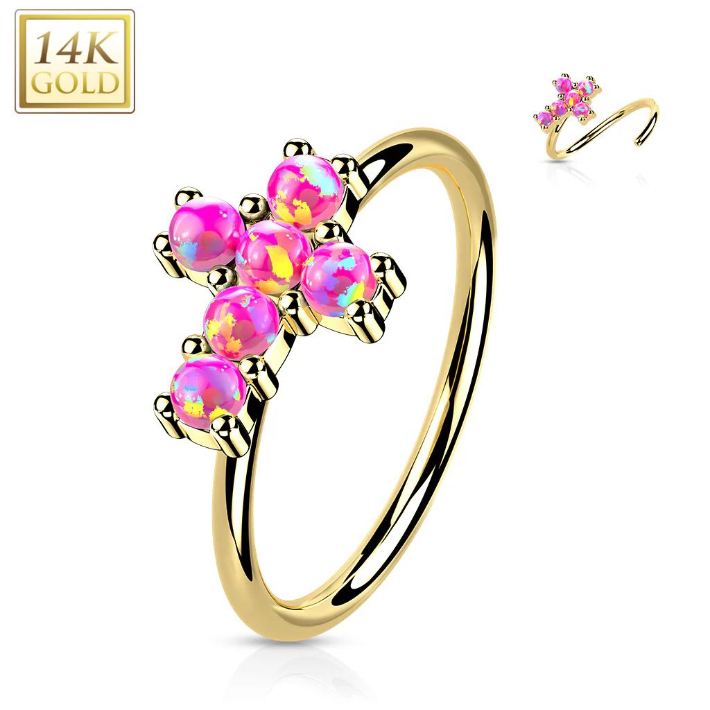 14K Solid Gold Opal or CZ Cross Nose Hoop Ring Ear Cartilage Tragus - Image 4