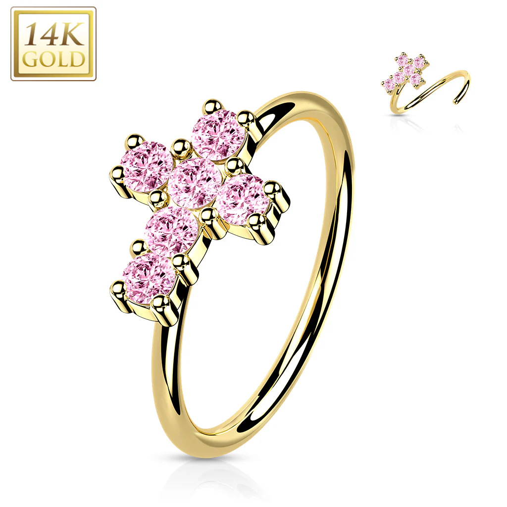 14K Solid Gold Opal or CZ Cross Nose Hoop Ring Ear Cartilage Tragus - Image 5