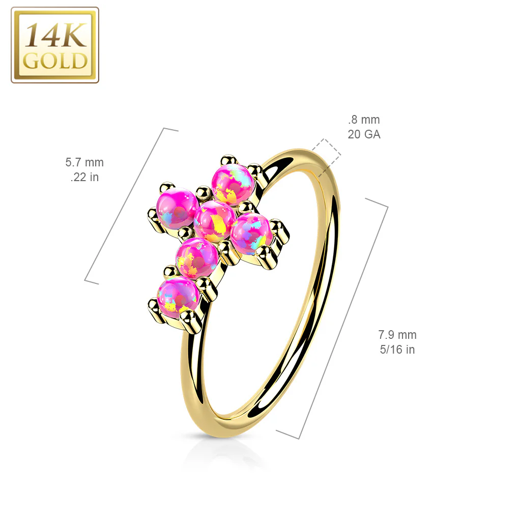 14K Solid Gold Opal or CZ Cross Nose Hoop Ring Ear Cartilage Tragus - Image 7