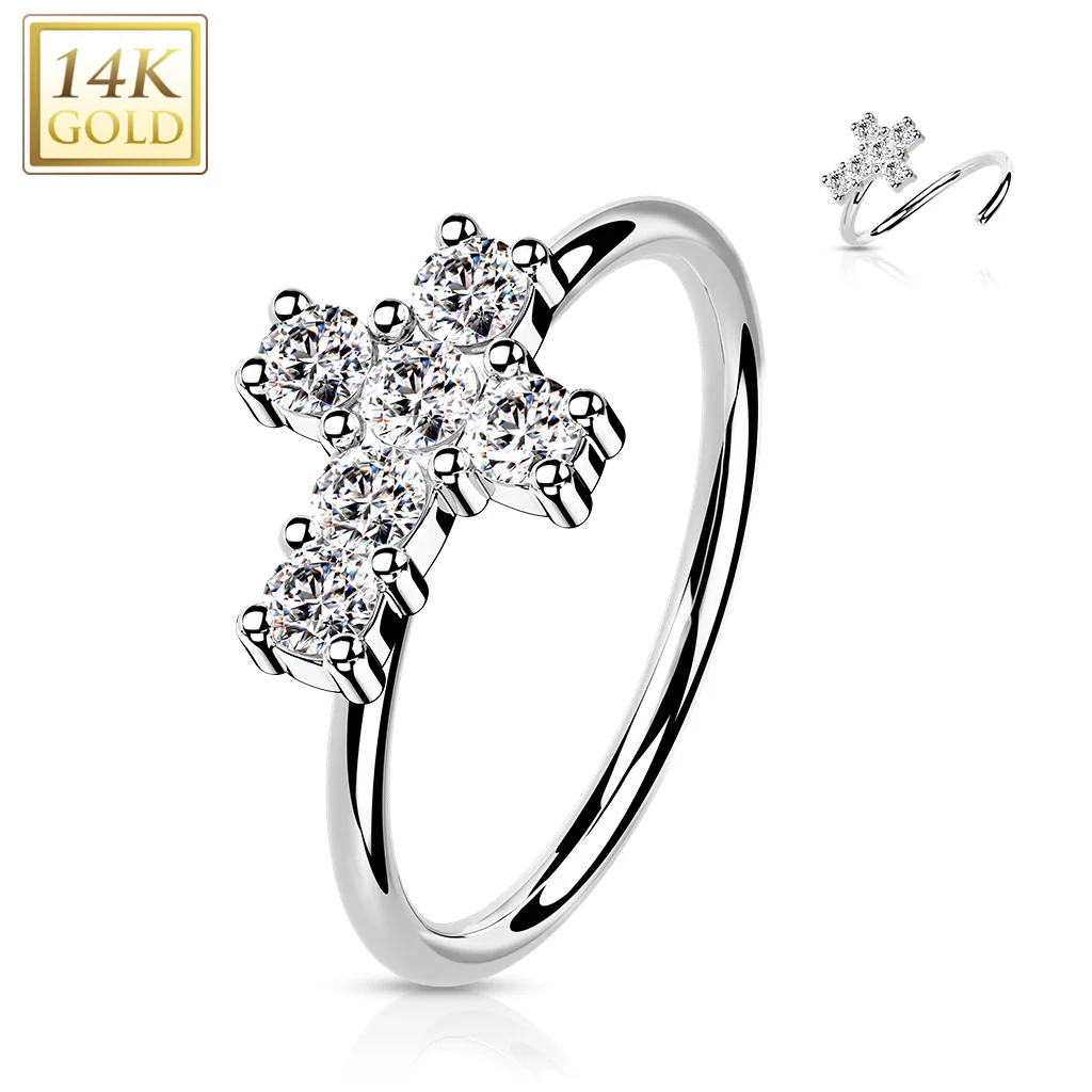 14K Solid Gold Opal or CZ Cross Nose Hoop Ring Ear Cartilage Tragus - Image 9