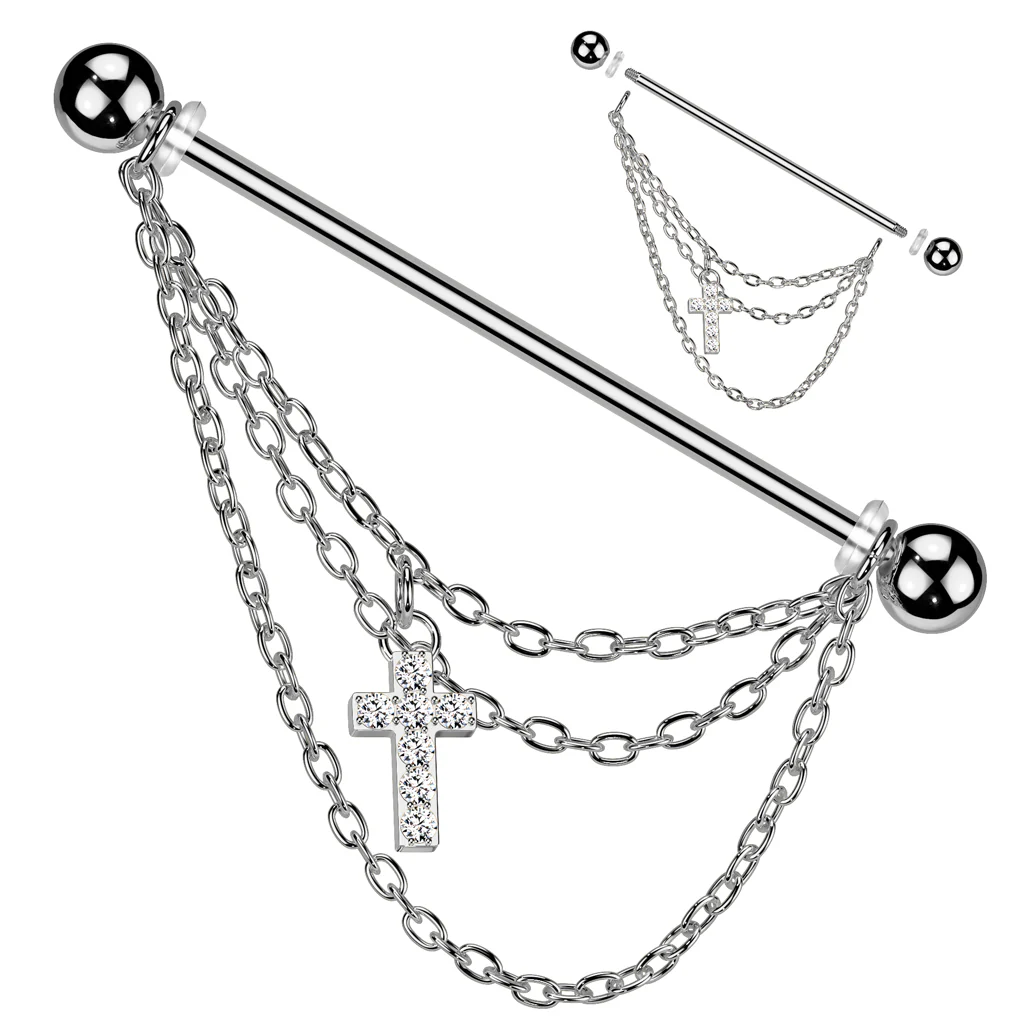 Cool! Triple Chain and CZ Pave Cross Dangle Industrial Barbells