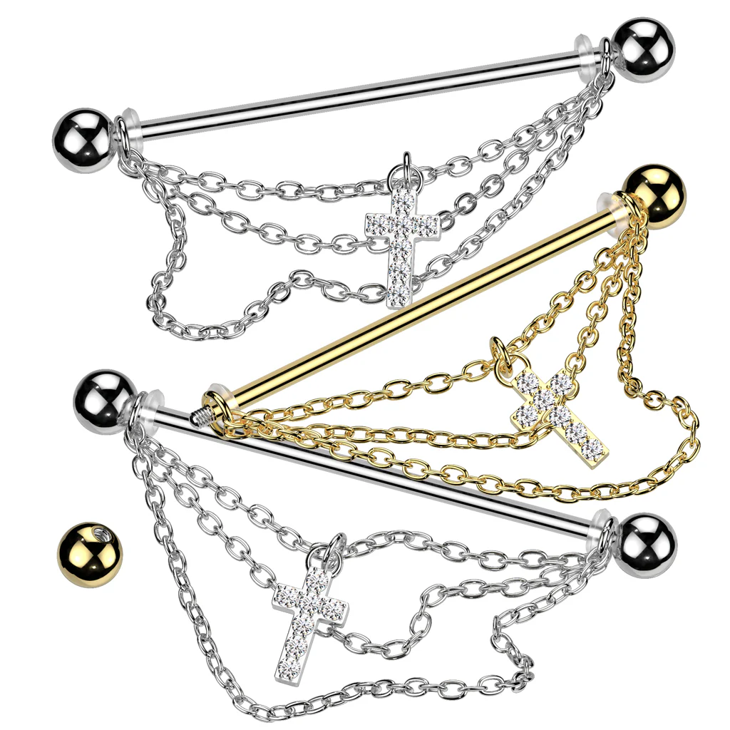 Cool! Triple Chain and CZ Pave Cross Dangle Industrial Barbells - Image 2