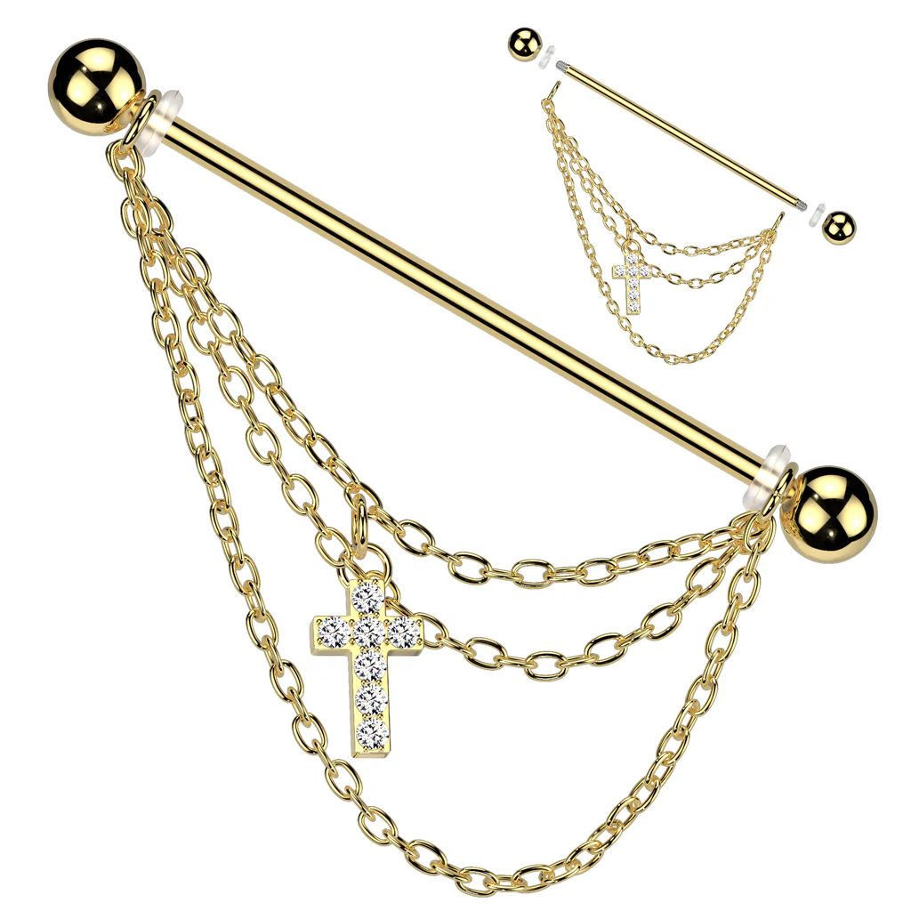 Cool! Triple Chain and CZ Pave Cross Dangle Industrial Barbells - Image 4
