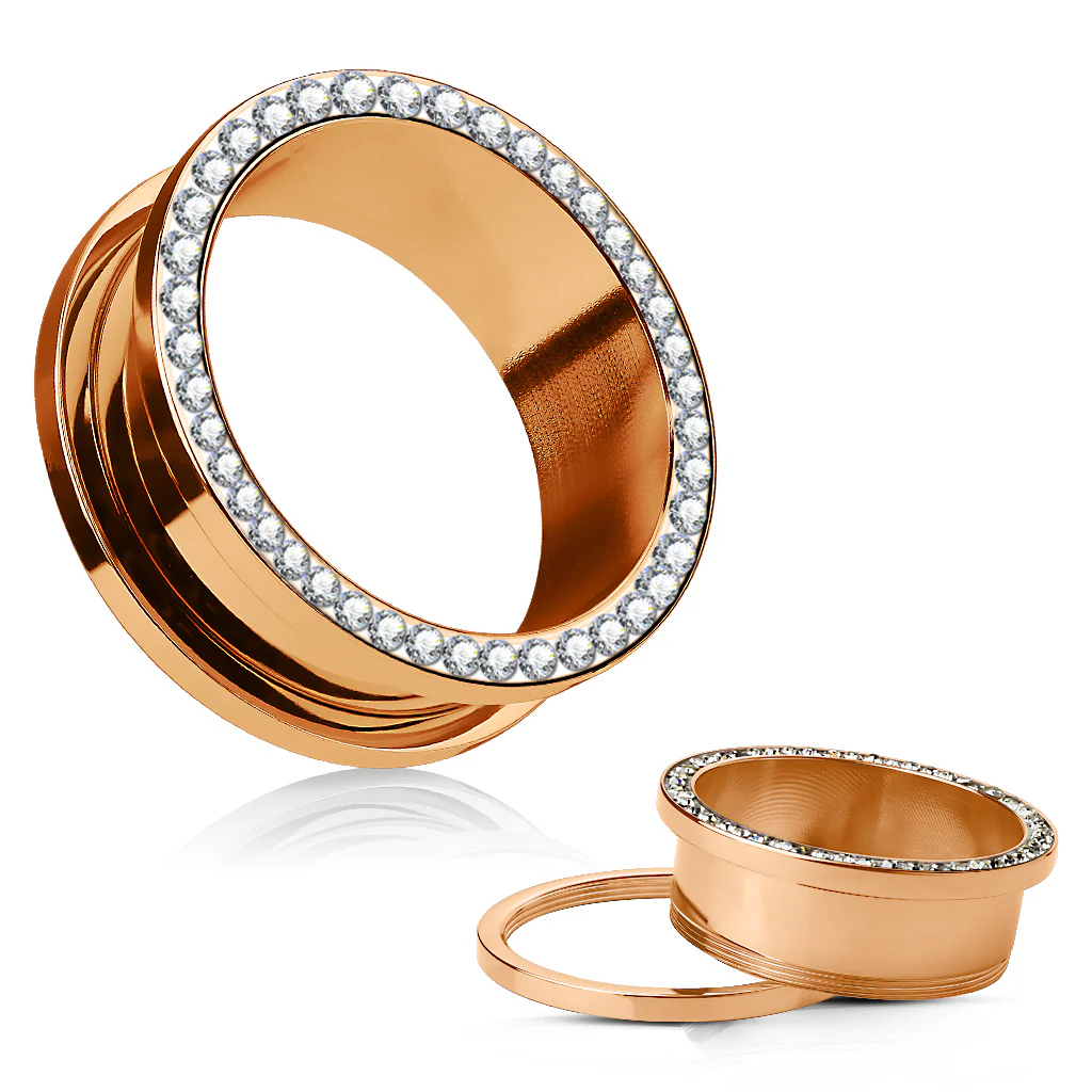 Rose Gold Plated Multi CZ Rim Ear Plugs Screw Fit Flesh Tunnels 1 Pc