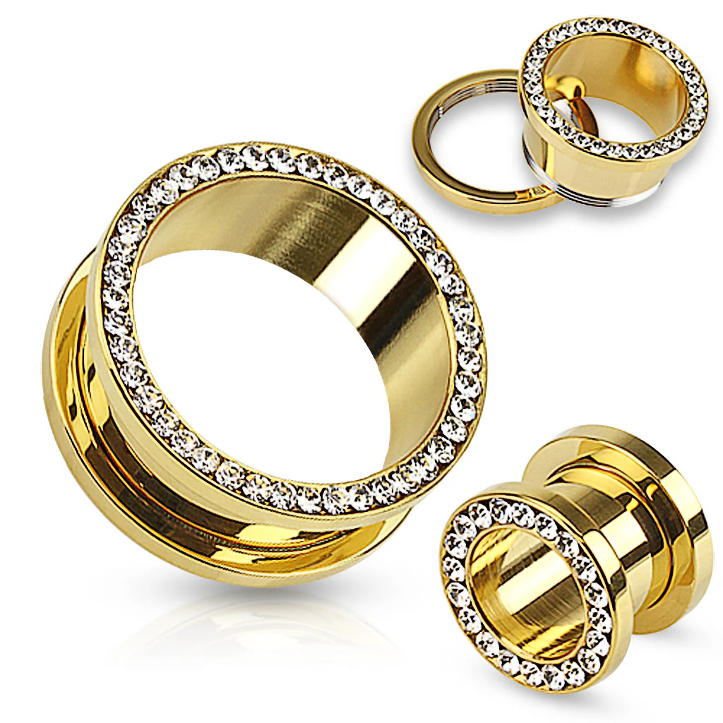 Pair Of 14K Gold Plated Multi CZ Rim Ear Plug Screw Fit Flesh Tunnel - Image 2