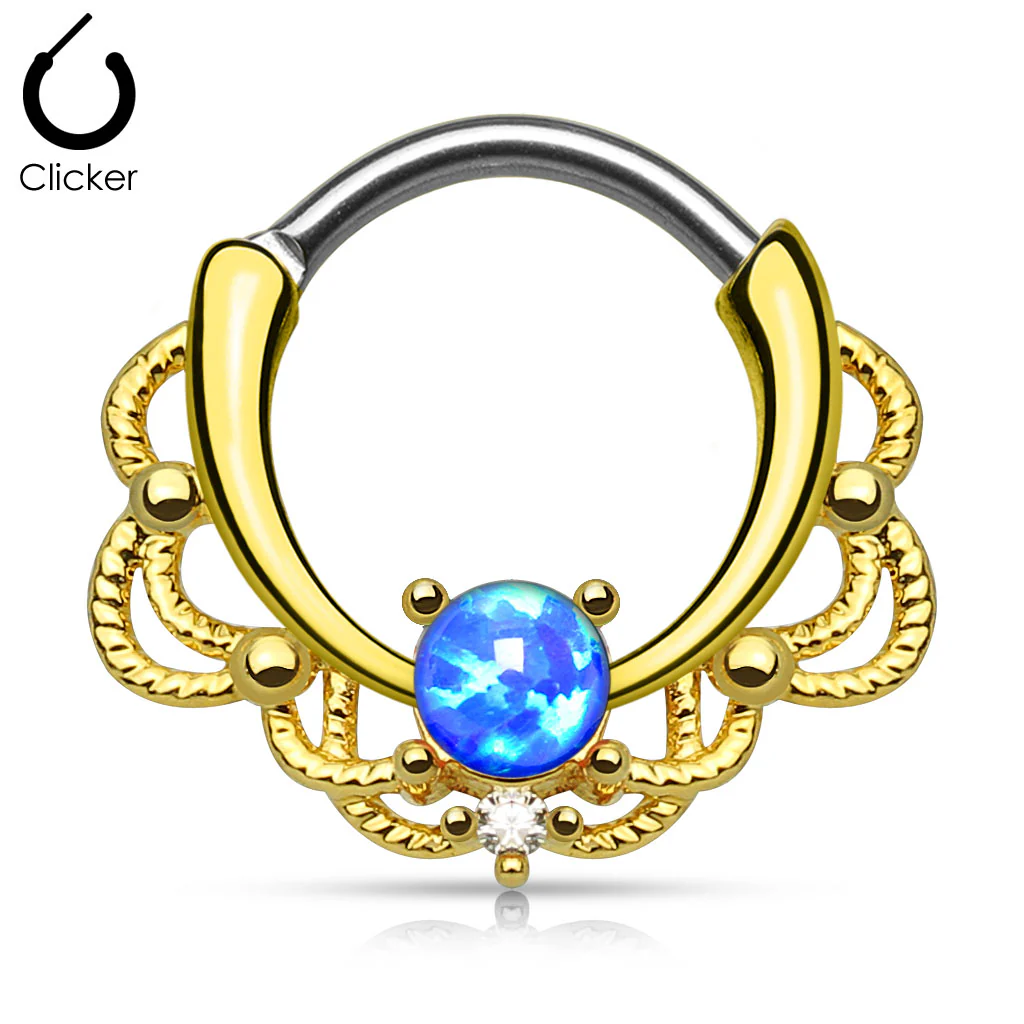 Tribal Lacey Opal 14K Gold Plated Septum Clicker Nose Ring - Image 2