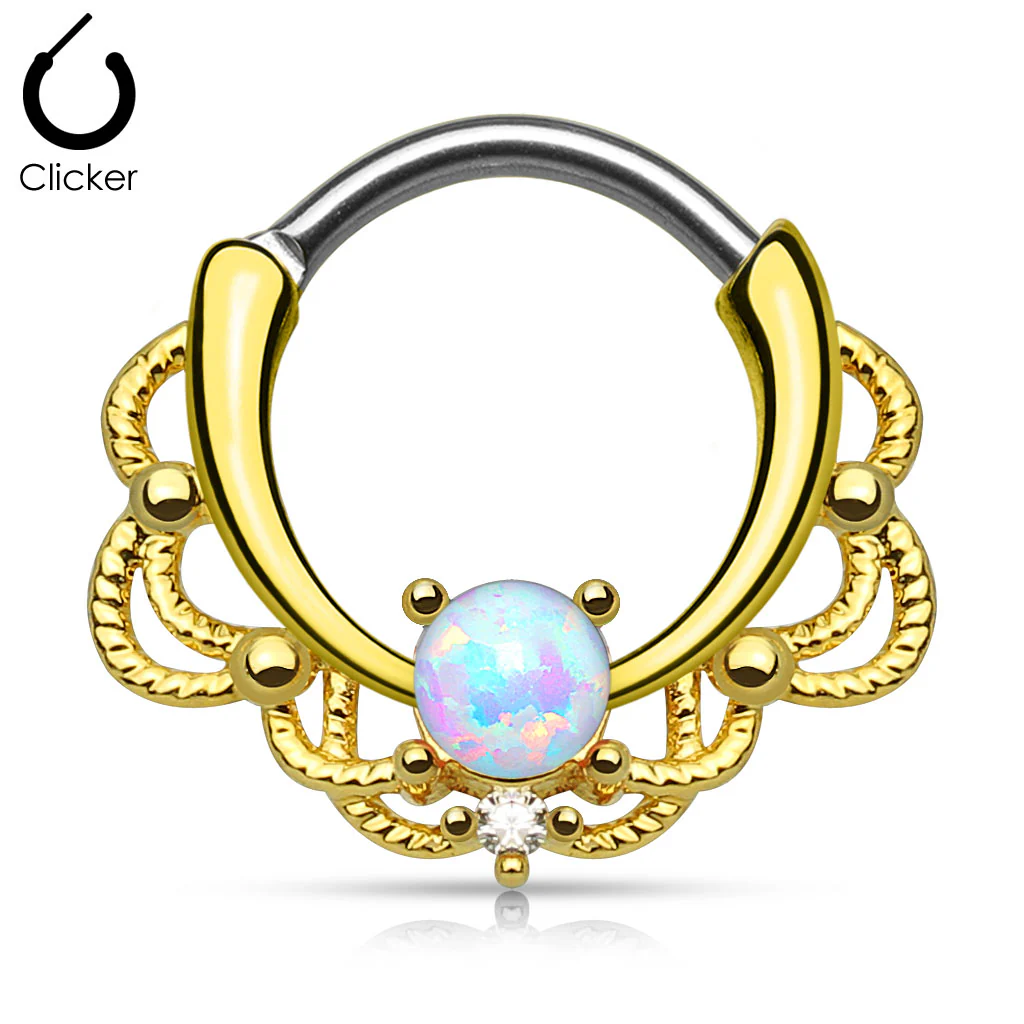 Tribal Lacey Opal 14K Gold Plated Septum Clicker Nose Ring - Image 3