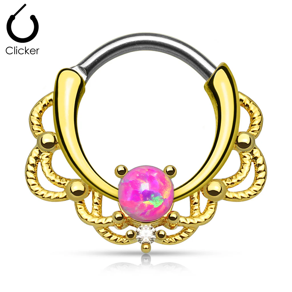 Tribal Lacey Opal 14K Gold Plated Septum Clicker Nose Ring - Image 4