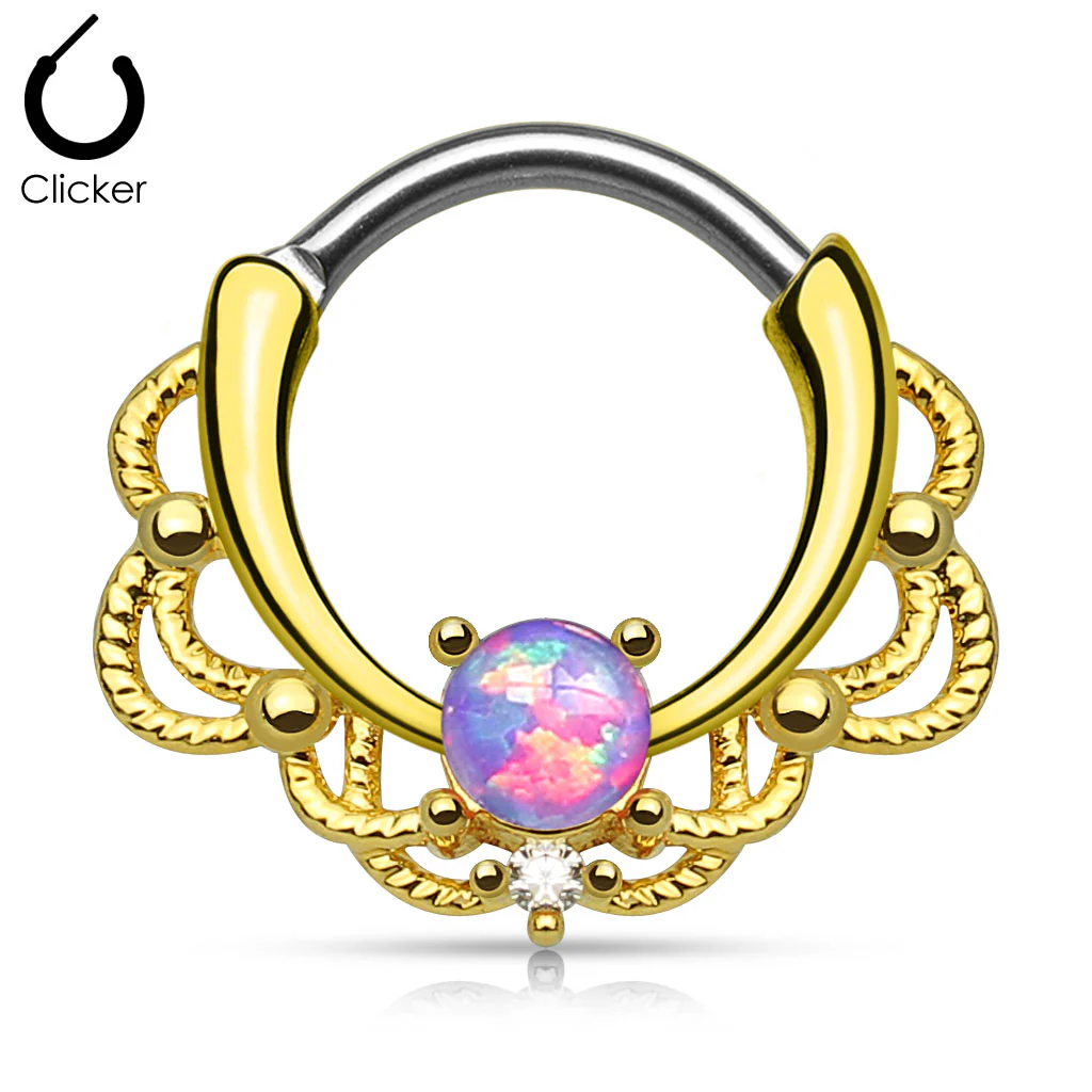Tribal Lacey Opal 14K Gold Plated Septum Clicker Nose Ring - Image 5