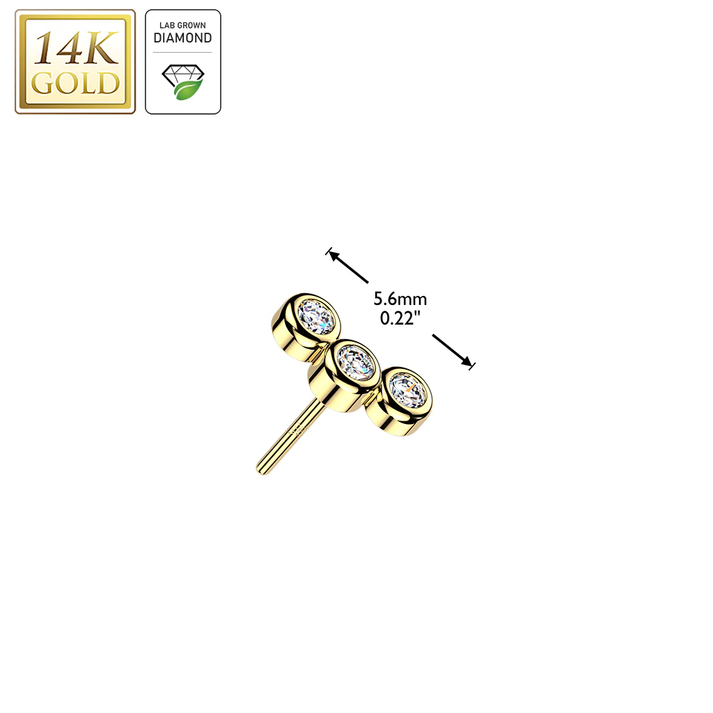 14K Solid Gold Threadless Curved Top 3 Lab Grown Diamond Top For Belly Lip Tragus - Image 3