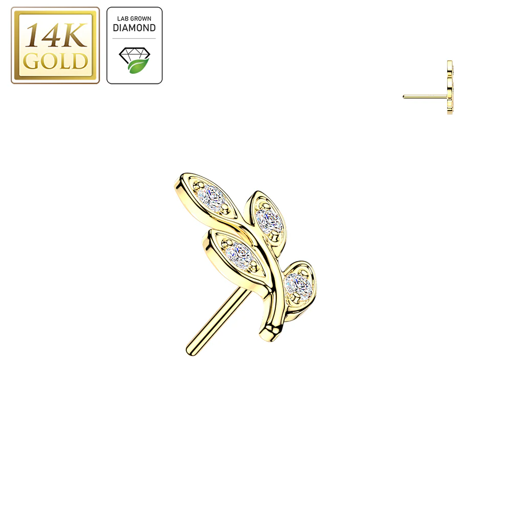 14K Solid Gold Threadless Leaf Top 4 Lab Grown Diamonds For Belly Lip Tragus