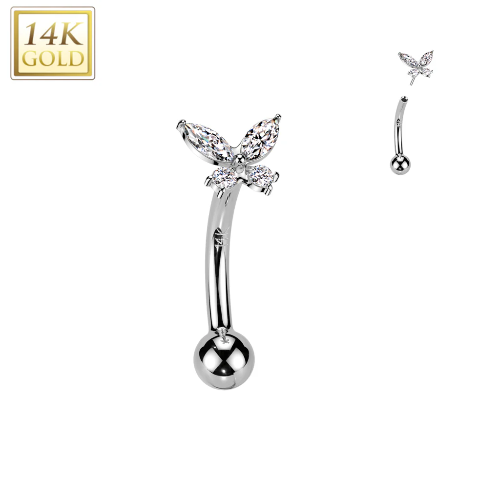 14K Solid Gold Threadless Push In Curved Eyebrow Barbell & Butterfly CZ - Image 2