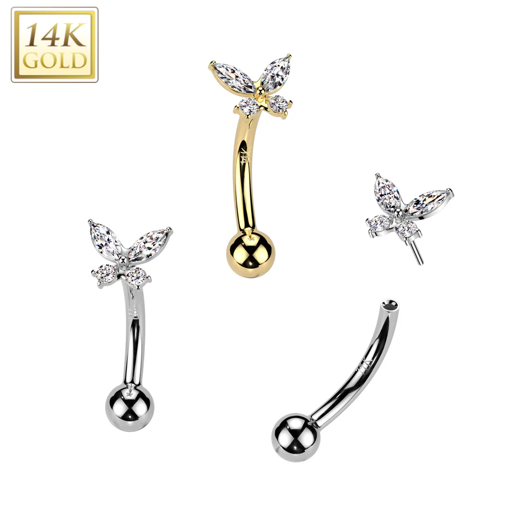 14K Solid Gold Threadless Push In Curved Eyebrow Barbell & Butterfly CZ - Image 3
