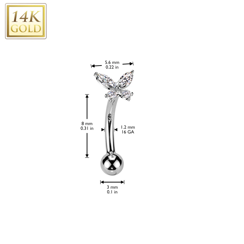 14K Solid Gold Threadless Push In Curved Eyebrow Barbell & Butterfly CZ - Image 4