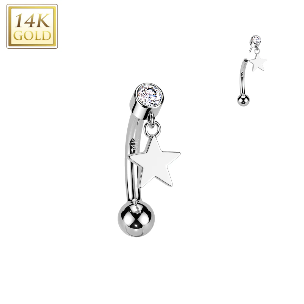 14K Solid Gold Threadless Push In Curved Eyebrow Barbell & Star Dangle - Image 2