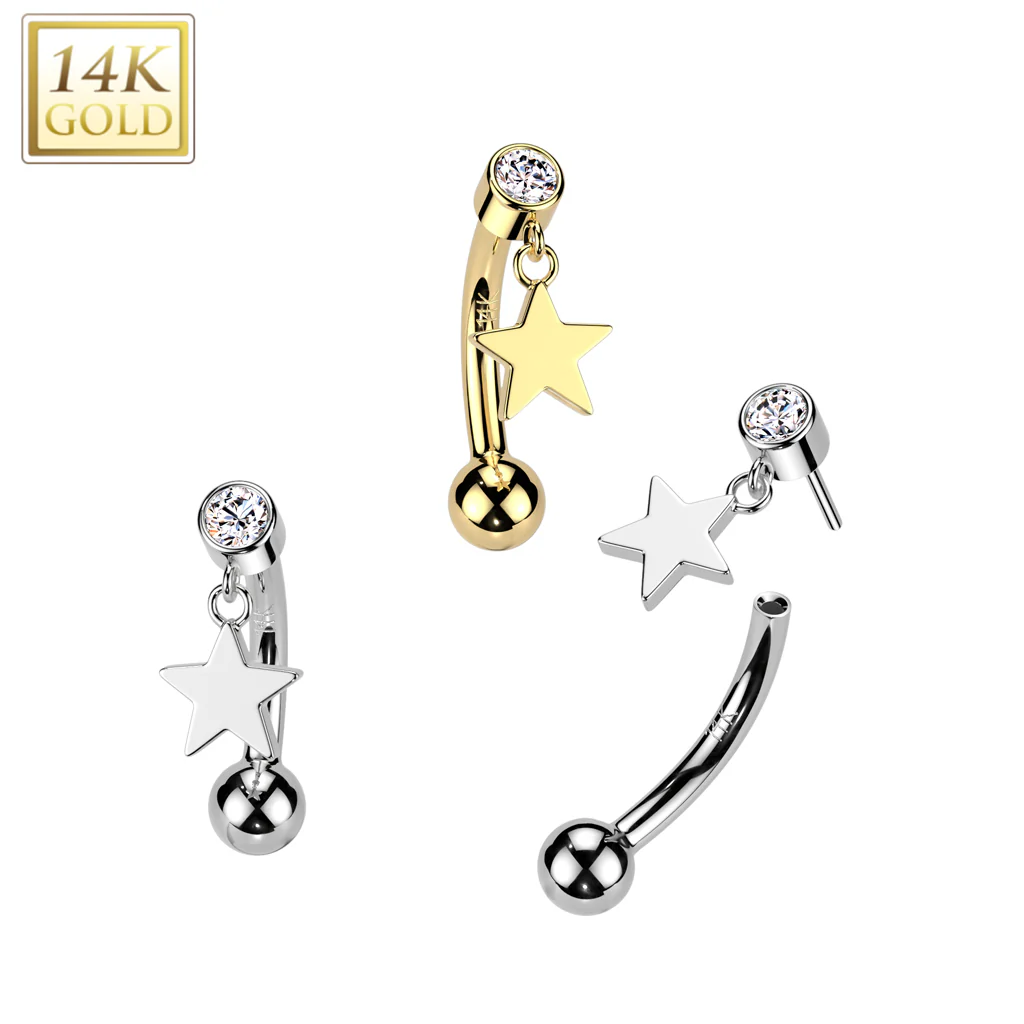 14K Solid Gold Threadless Push In Curved Eyebrow Barbell & Star Dangle - Image 3