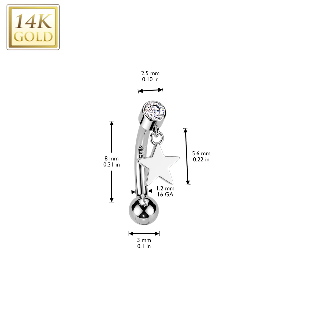 14K Solid Gold Threadless Push In Curved Eyebrow Barbell & Star Dangle - Image 4