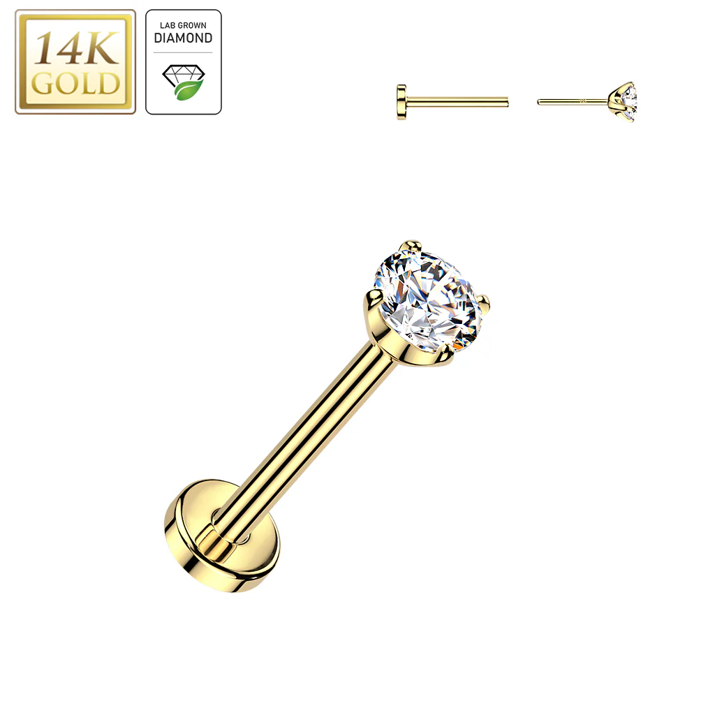 14K Solid Gold Threadless Push In Prong Lab Grown Diamond Stud Labret Tragus - Image 3