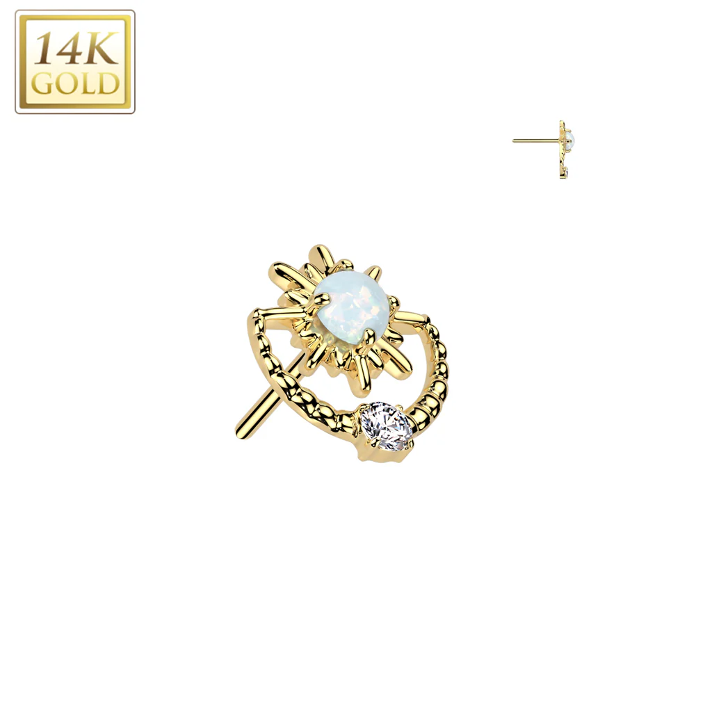 14K Gold Threadless Push In Sunburst & Opal Top For Belly Tragus Lip