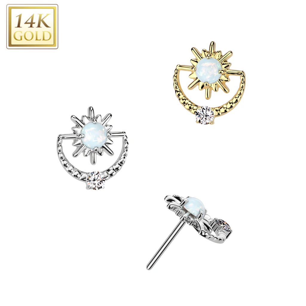 14K Gold Threadless Push In Sunburst & Opal Top For Belly Tragus Lip - Image 4