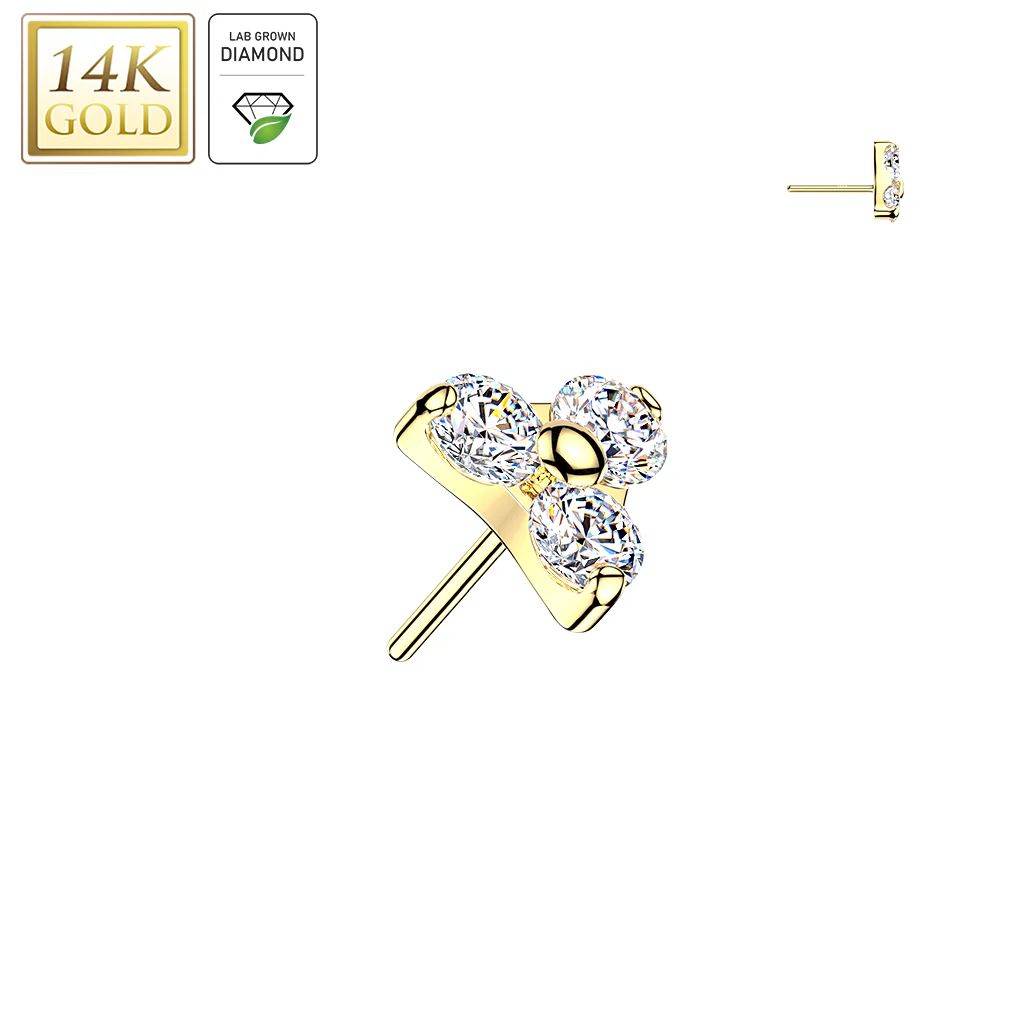 14K Solid Gold Threadless Trinity Top 3 Lab Grown Diamond Top For Belly Lip Tragus